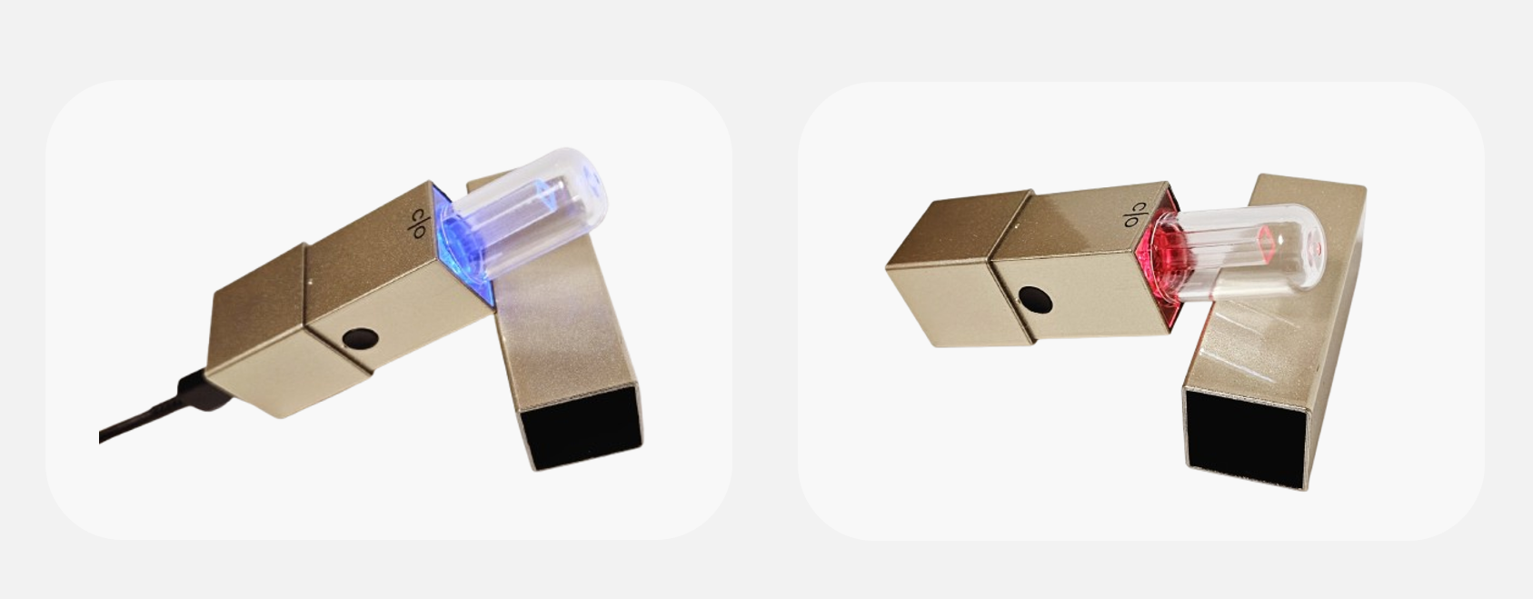 Status indicators — red: spray on · blue: charging (spray while charging supported)