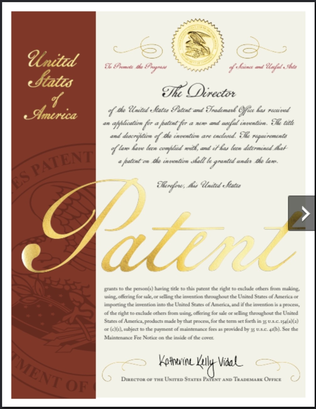 USPTO patent certificate — Ultrasonic spray device (US 12,128,434)